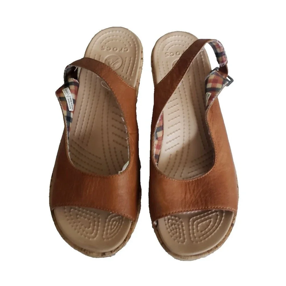 Crocs A-Leigh Brown Leather Slingback Peep Toe Cork Wedge Women's Size 7 Sandals